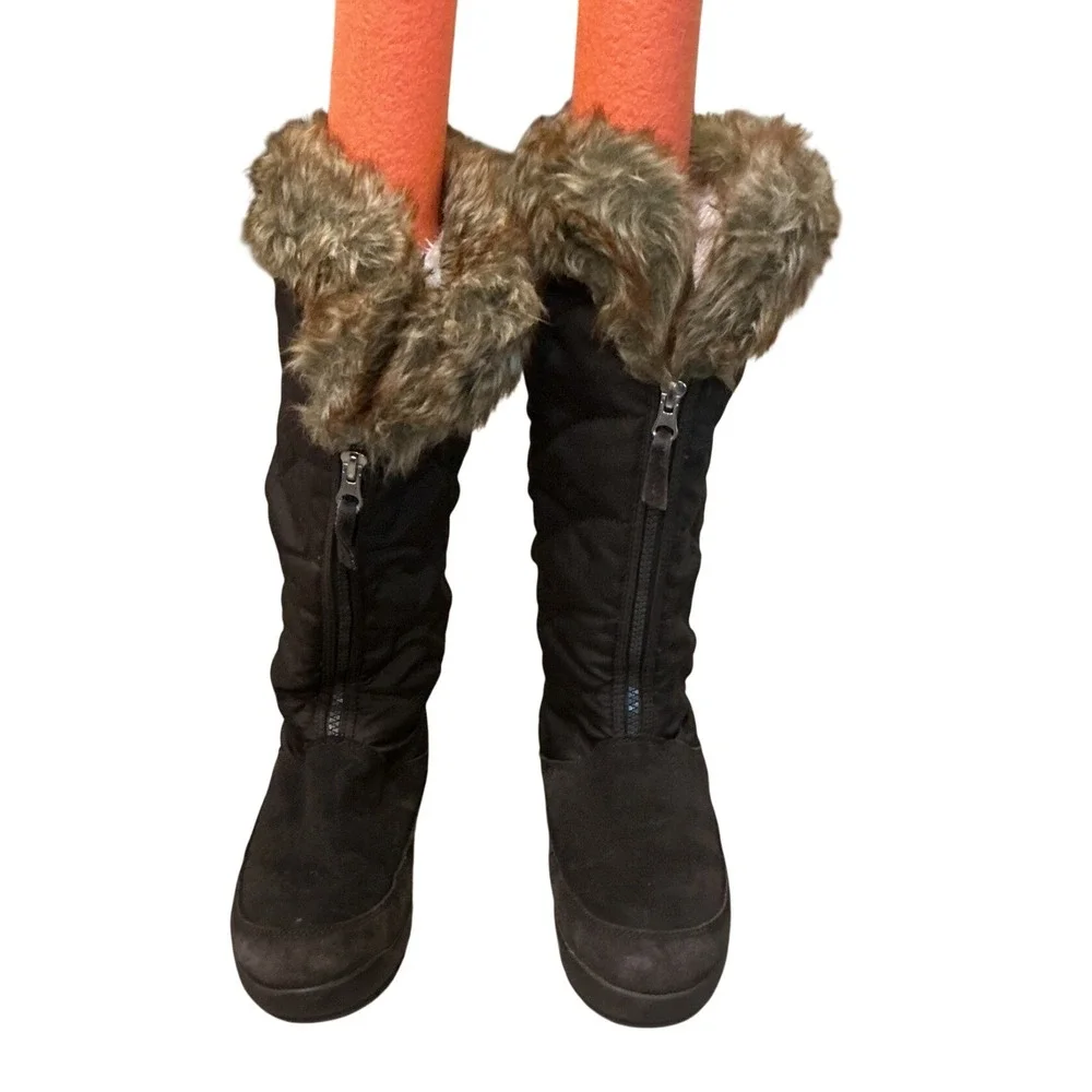 Lands End Womens Quilted Suede Winter Boots Faux Fur Trim Brown US 8 EU 38.5